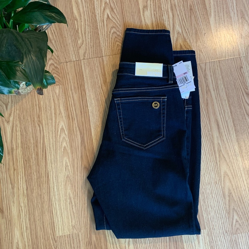 New MK Michael Kors dark blue jeans soft stretch gold emblem back pocket fun